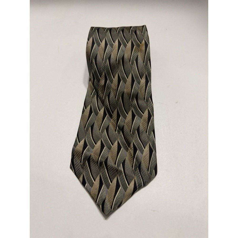 J. Ferrar Mens Silk Necktie Olive Green Taupe Geometric Woven Pattern Tie